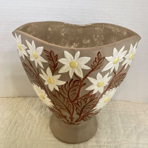 Handcrafted Ceramic Vase With Embossed White Daisies & Brown Leaves By A. Paquet - Picture 2 of 11